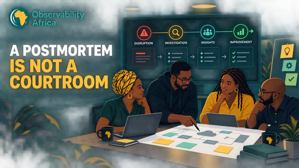 Observability Africa illustration of an engineering team reviewing an incident timeline together to turn disruption into system improvement.