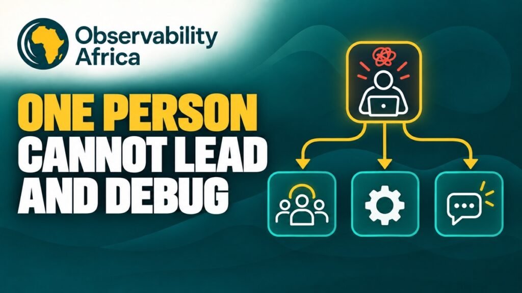 Observability Africa cover showing one overloaded incident responder splitting responsibilities across coordination, technical response, and communication.