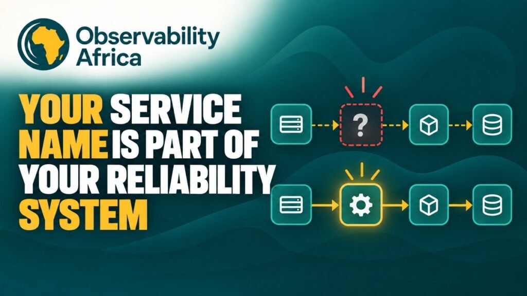 Observability Africa cover showing an unknown service node corrected through consistent OpenTelemetry service identity.