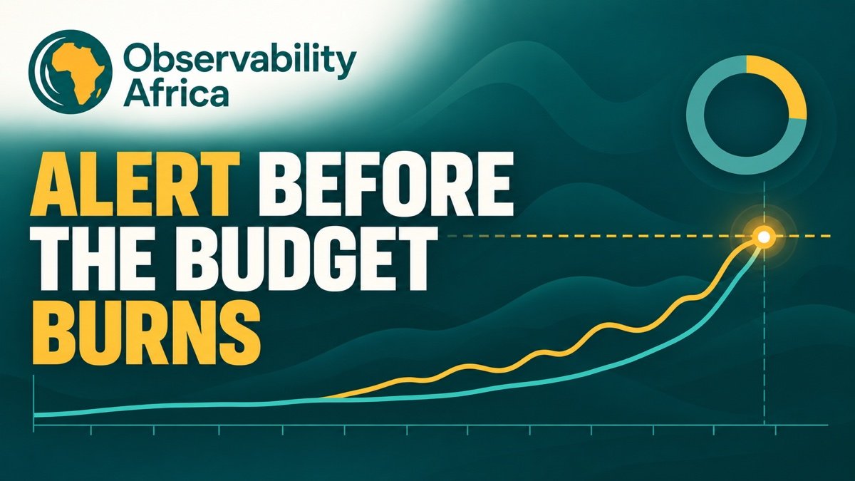 Two monitoring windows converge at an alert threshold beside an error-budget indicator in Observability Africa colors.